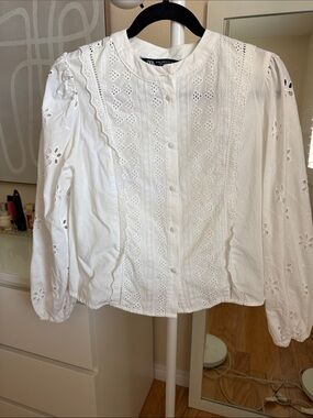 Zara White Eyelet Lace Panel Button-Up Blouse